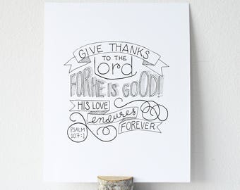 Psalm 107:1 Printable Bible Verse Art Print 8x10 Digital Wall Art Gift