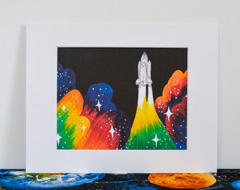 Rainbow Space Shuttle Art Print Space Themed Galaxy Wall Art Rocket Ship Playroom