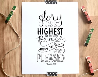 Luke 2:14 Printable Christmas Carol Hymn Art Print  Bible Verse 8x10 Digital Wall Art Gift