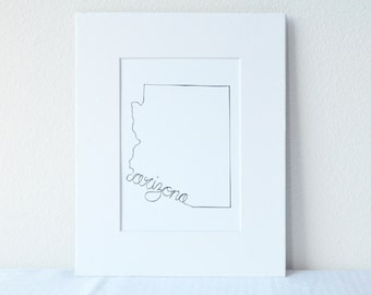Arizona Art Print State Outline, 5x7 Print in 8x10 White Mat Board