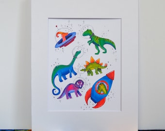 Dinosaurs In Space Animals in Space Themed Galaxy Wall Art Colorful Dinos Nursery Playroom