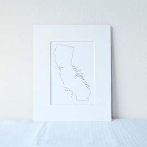 Californië kunstafdruk staat omtrek, 5 x 7 print op 8 x 10 wit passe-partout bord