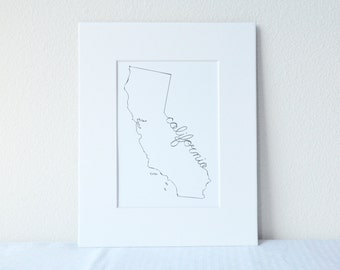 California Art Print State Outline, 5x7 Print in 8x10 White Mat Board