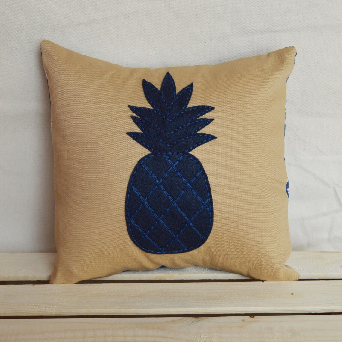 Pineapple Throw Pillow Navy Tan Beige Home Decor Embroidered | Etsy