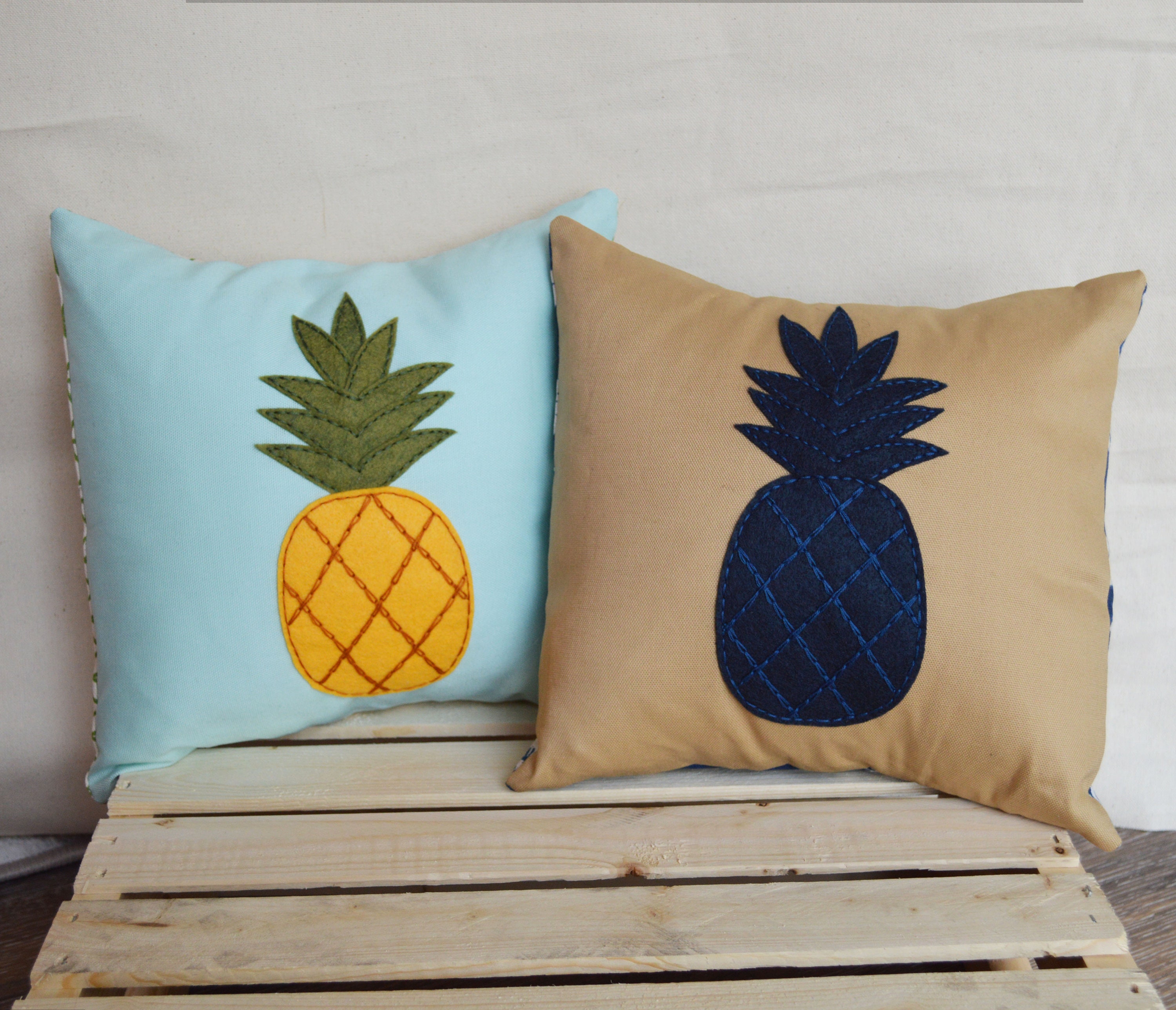 Pineapple Throw Pillow Navy Tan Beige Home Decor Embroidered | Etsy