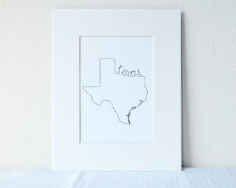 Texas Art Print State Outline 5x7 Print in 8x10 White Mat Board