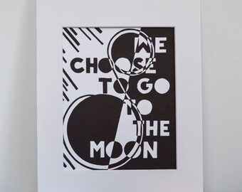 We Choose To Go To The Moon Art Print Wall Decor Planets Stars Rocket Ship Graphic Black and White Typography Space themed nursery