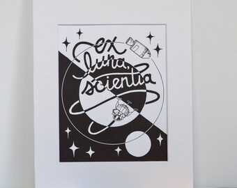 Ex Luna Scientia (From the Moon Knowledge) Art Print Apollo 11 13 Rocket Ship Graphic Black and White Typography Space themed nursery