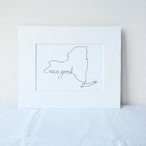 New York Art Print State Outline, 5x7 Print in 8x10 White Mat Board image 1