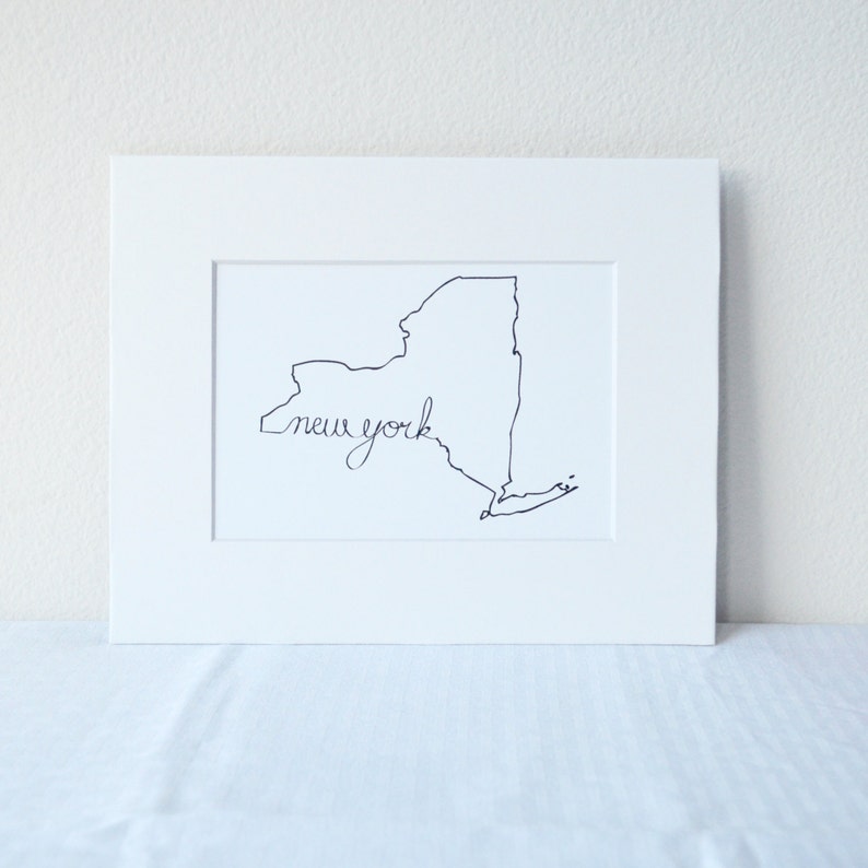 New York Art Print State Outline, 5x7 Print in 8x10 White Mat Board image 1