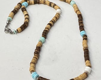Mens Stainless Steel Surfer Choker: Wood Beaded Necklace with Shell Beads