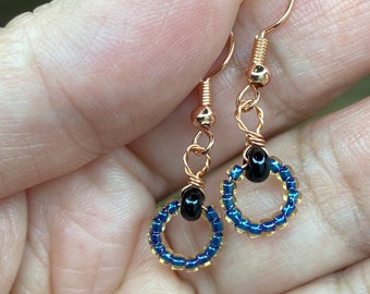 Small Celestial Blue Copper Hoops: Beaded Dangle Drop Earrings By Candmjewelrydesigns
