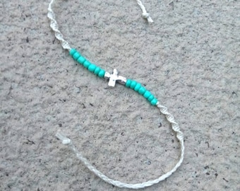 Cross Beaded Tie Ankle Bracelet Turquoise Anklet, Tie Necklace Natural Hemp Jewelry