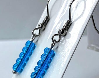 Dangling Blue Stick Earrings: Stainless Steel Jewellery by Candmjewelrydesigns