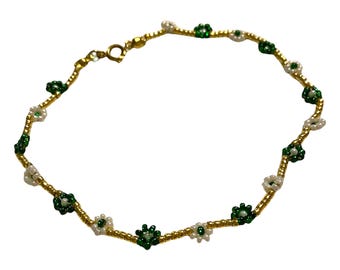 Handmade Charm Bracelet: Beaded Flower Ankle Bracelet, Green and Gold Anklet, 8 inch