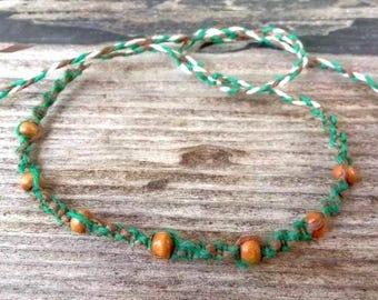 Handmade Hemp Tie Bracelet, Green Brown Wood Seed Beads, Spiral Knot Braided Macrame Jewelry Multicolor