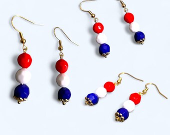 Patriotic Earrings Red White Blue Beaded Dangle Earrings for 4th of July Handmade Jewelry