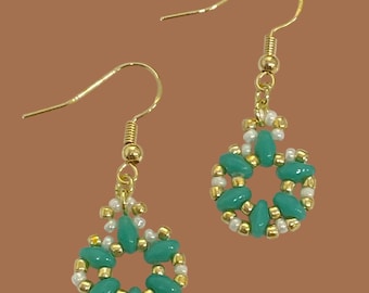 Turquoise Seed Bead Hoop Earrings: Gold Dangle Earrings