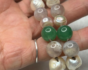 Freshwater Pearl Choker Necklace: Gold, Flower Agate and Green Aventurine Gemstones, Silk Cord - Handmade Chunky Jewelry