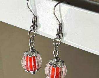 Handmade Red Stripe Czech Glass Bead Dangle Earrings