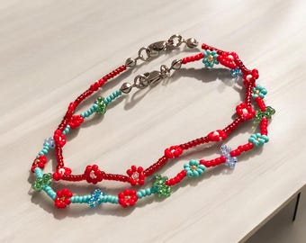 Red Flower Ankle Bracelet Stainless Steel Adjustable Anklet for Women or Girls 7.5” Bracelets