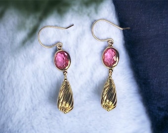 Hypoallergenic Gold Filled Earrings with Pink Vintage Crystal/Small Dangle Earrings/Gemstone Drop Earrings Gold Jewelry