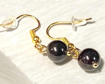Garnet Earrings: Hypoallergenic Gold Plated Dangle Earrings, January Birthstone, Handmade Jewelry