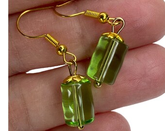 St. Patrick’s Day Green Tube Gold Drop Earrings/Womens Gifts/Handmade Boho Jewelry for Her
