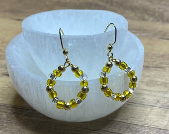 Sheer Yellow Gold Beaded Earrings Hoop Earrings Dangle Drop Earring