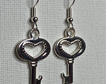 Open Heart Key Dangle Earrings, Silver Drop Earrings
