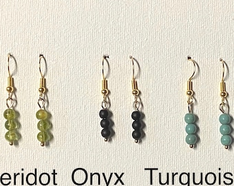 Handmade Gold Dangle Earrings: Peridot, Onyx, or Turquoise