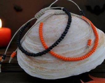 Orange & Black Beaded Hemp Bracelet: Adjustable Anklet