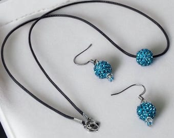 Bead on a String Necklace Set, Pave Charm Necklace, Blue Jewelry Set, Earrings Necklace Turquoise Necklaces Gifts for Her