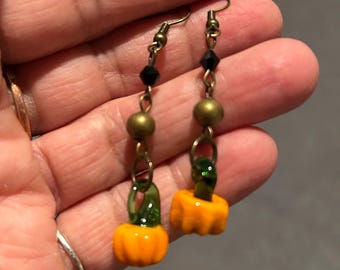 Drop Pumpkin Earrings: Hypoallergenic Bronze Dangles, Halloween Costume Jewelry