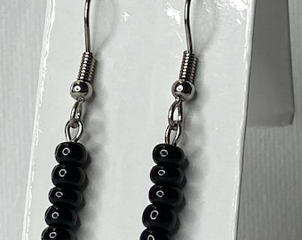 Black Bead Dangle Earrings: Stainless Steel Drop Earrings