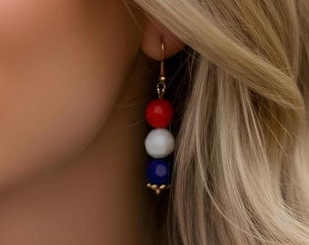 Red White Blue Beaded Dangle Earrings Patriotic Fourth of July Handmade Jewelry