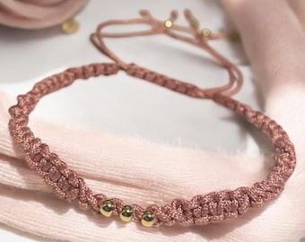 Girls Adjustable Bracelet With Gold Beads and Pink String