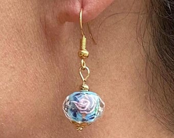 Gold Flower Bead Dangle Earrings