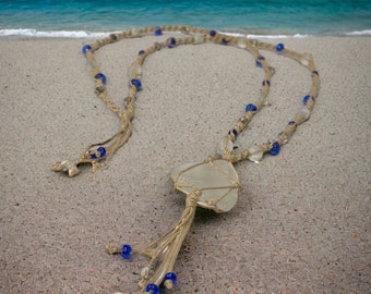 Bohemian Necklace Sea Glass Pendant Beaded Long Handmade Hemp Necklaces Caged Pendants Hippie Jewelry Gifts for Her Beachy Jewellery