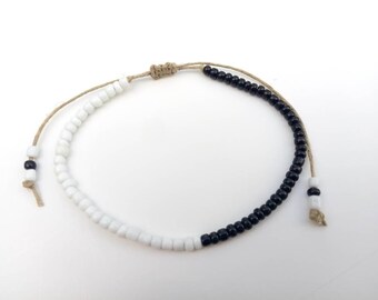 Black White Hemp Bracelet, Ankle Bracelet, Men Bracelet Hemp Jewelry, Christmas gifts, Adjustable Bracelet, Two tone Bracelet