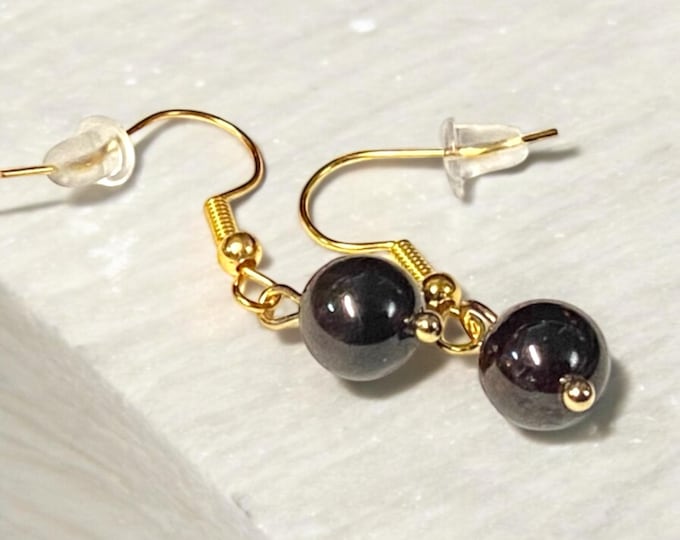 Featured listing image: Garnet Earrings, Gold Drop Stone Ball Earrings for Women, January Birthstone Small Dangle Earrings, Drop Earring