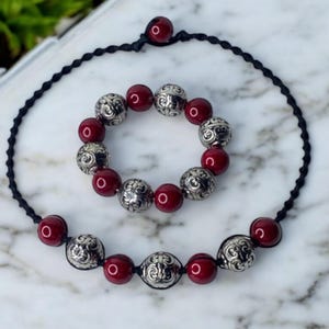 Handmade Red Bead Choker Necklace and Bracelet Set: Black Macrame
