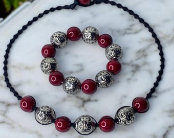 Handmade Red Black Spiral Choker, Chunky Bead Necklace and Bracelet Set, Unique Gifts, Black Macrame Necklaces for Women