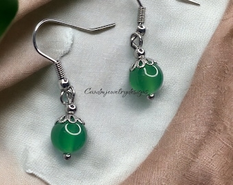 Simple Green Glass Ball Bead Drop Earrings Stainless Steel Jewelry Dangly Earrings Silver Earrings Beaded