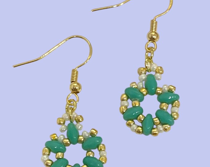 Featured listing image: Dangling Hoop Earrings Gold Small Hoops Turquoise Seed Bead Woven Beaded Dangle Drop Earrings for Women Gifts