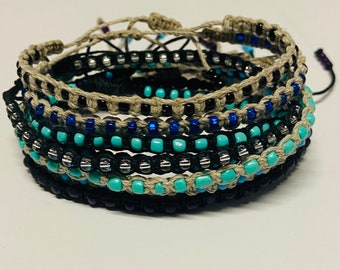 Black Turquoise Hemp Bracelet, Hemp Anklet, Men Bracelet, Bracelet Beads, Christmas gifts, String Bracelet