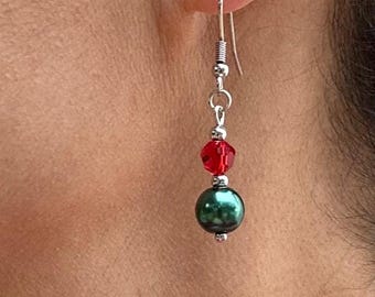 Red Green Pearl Earrings Drop Dangle Beaded Earrings for Her, Valentines Day Gifts