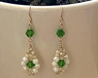 14k Gold Beaded Earrings Dangle Drop Earrings Green Crystal Earrings Gifts for Her