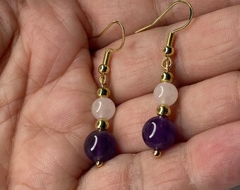 Gemstone Earrings for Women Amethyst Rose Quartz Earrings Dangle Earrings