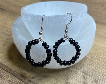 Black Beaded Hoop Earrings Dangle Drop Earring Silver Jewelry Gifts for Her